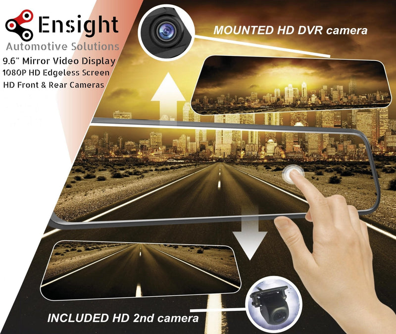 Universal Rear View Mirror Display 9.6" Edgeless HD LCD DVR and HD Rear Camera - Ensight Automotive Solutions -